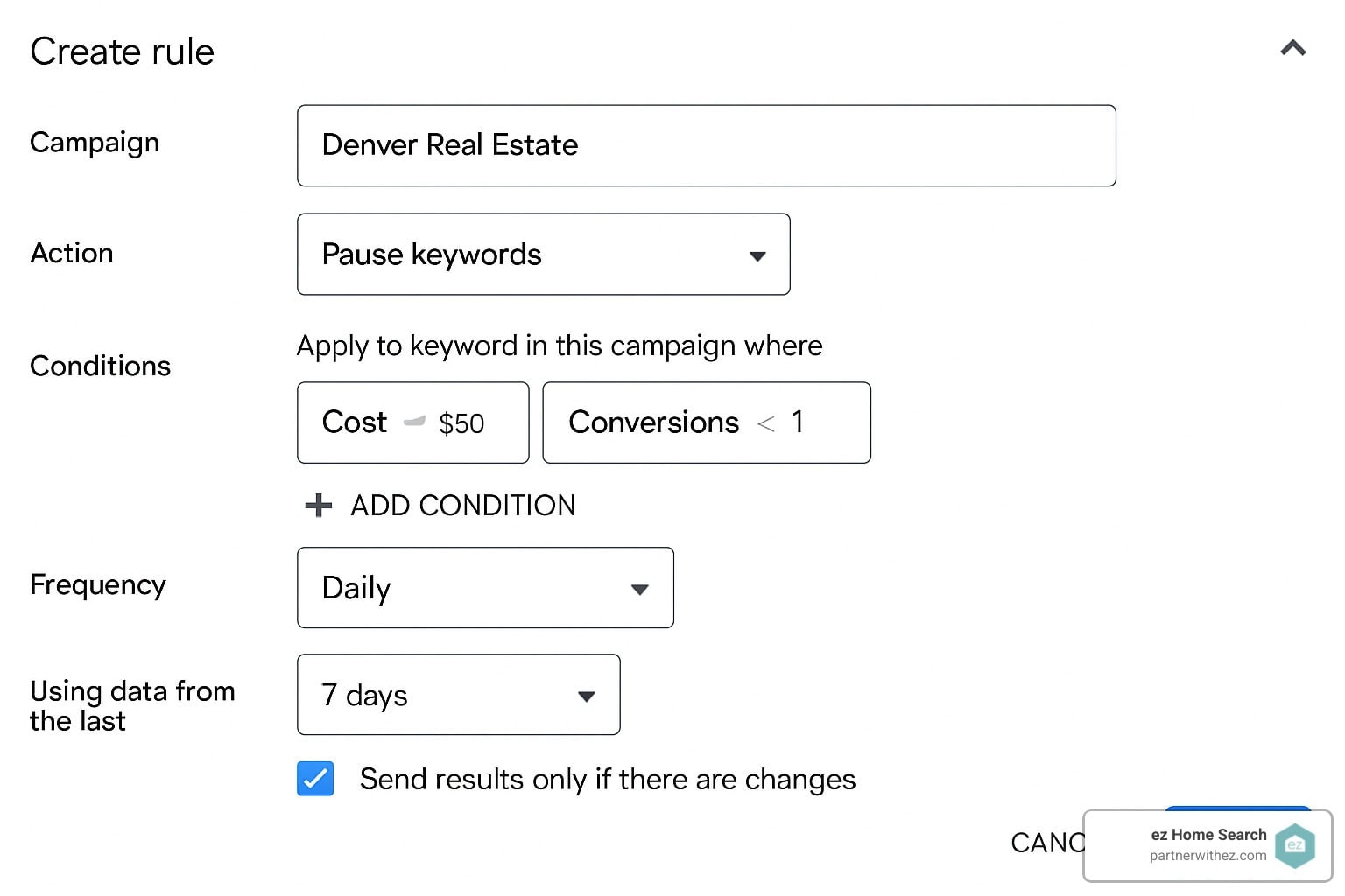 Automated Google Ads rules setup interface - how to run Google Ads for real estate