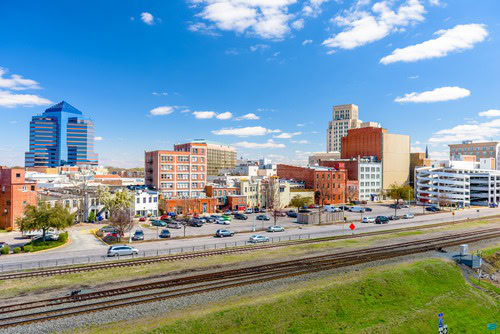 Durham, North Carolina cityscape mixing modern and historic buildings