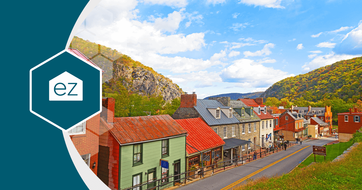 Historic buildings in Harpers Ferry, West Virginia, surrounded by autumn foliage
