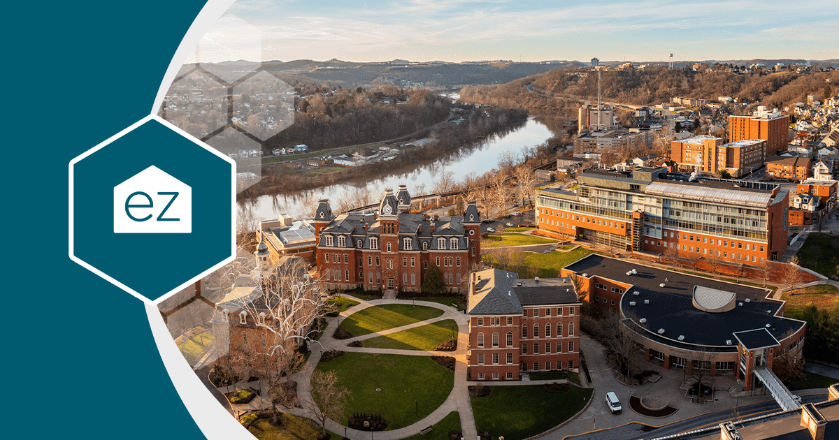 Aerial view of the West Virginia University campus and the Monongahela River in Morgantown