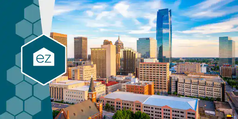 Aerial city view in Oklahoma showing downtown buildings and surrounding streets