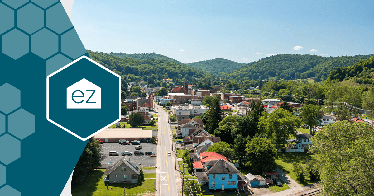 Aerial view of Philippi, West Virginia, among green hills