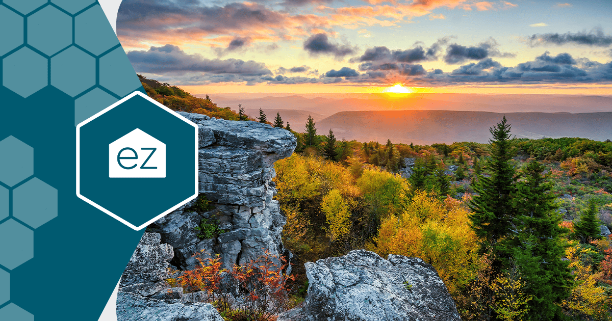 Rocky cliffs and autumn forest at sunset in West Virginia