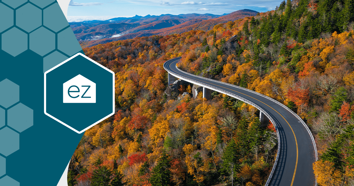 A winding road through autumn forest along the Blue Ridge in western North Carolina
