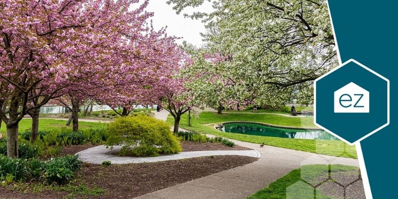 Public park in Cincinnati, Ohio with mature trees and walking paths