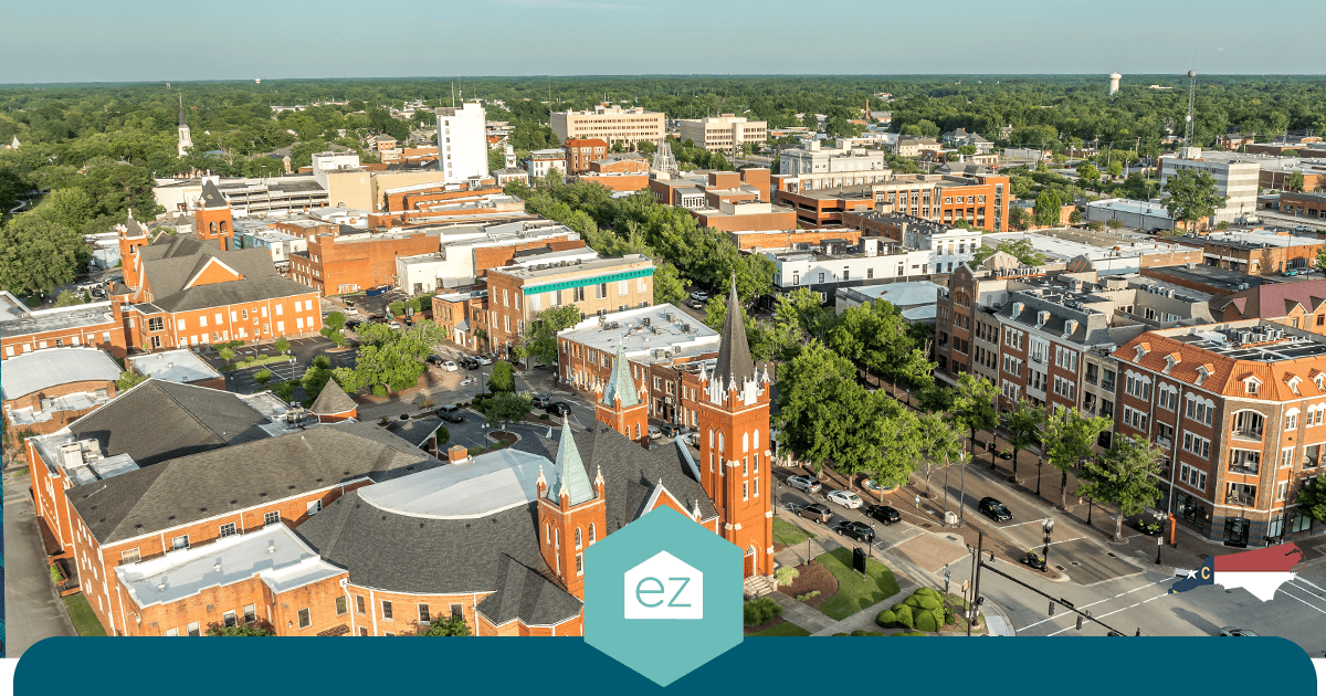 Aerial view of downtown Fayetteville, North Carolina with historic brick buildings