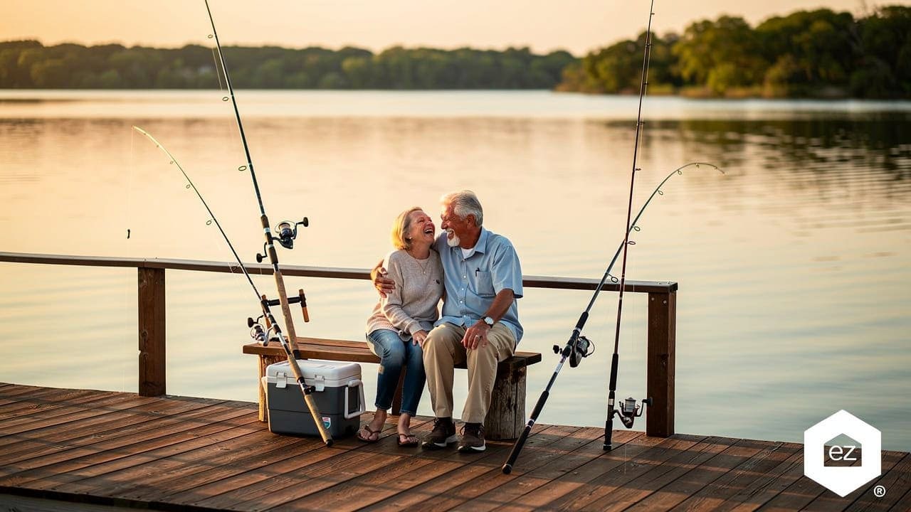 An older couple on a wooden dock beside an Oklahoma lake at sunset with fishing rods