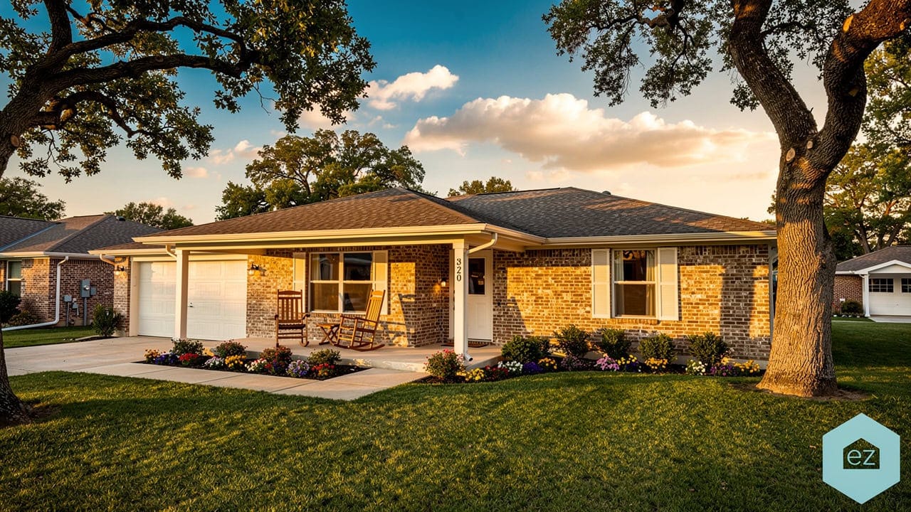 A single-story Oklahoma brick home with a front porch, rocking chair and two-car garage at sunset
