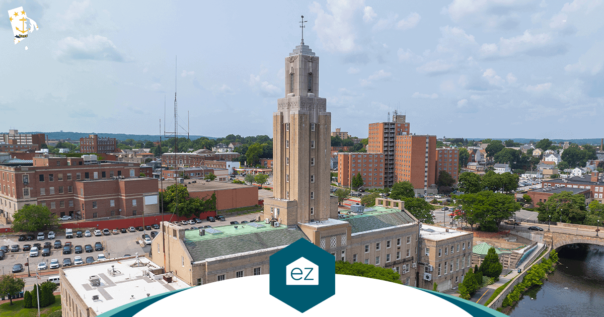 Art deco Pawtucket, Rhode Island city hall with central tower above the surrounding streets and river