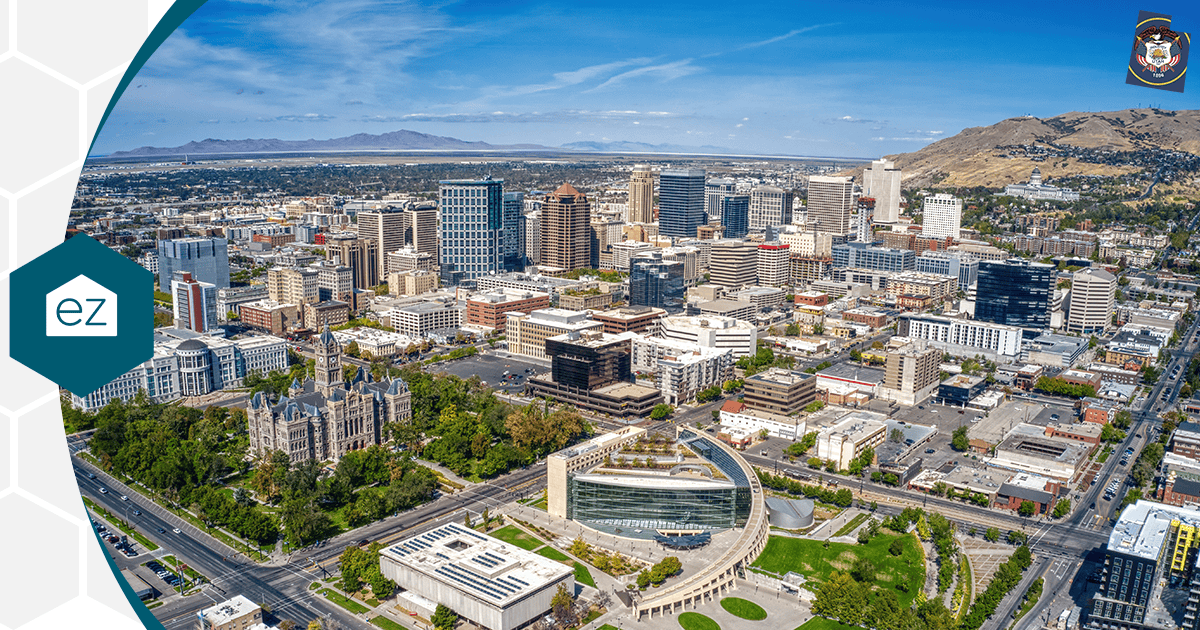 Downtown Salt Lake City with the Wasatch Range behind it, the centre of Utah's largest county market