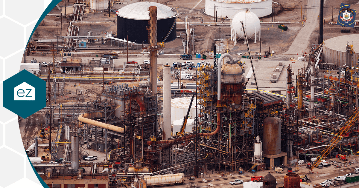 Aerial view of a Utah refinery with storage tanks and piping