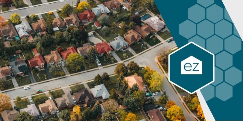 Aerial view of a suburban neighborhood with houses, streets, and trees; a blue graphic overlay with a hexagon and “ez” text appears on the right side, highlighting opportunities to Get More Leads for West Virginia real estate professionals.