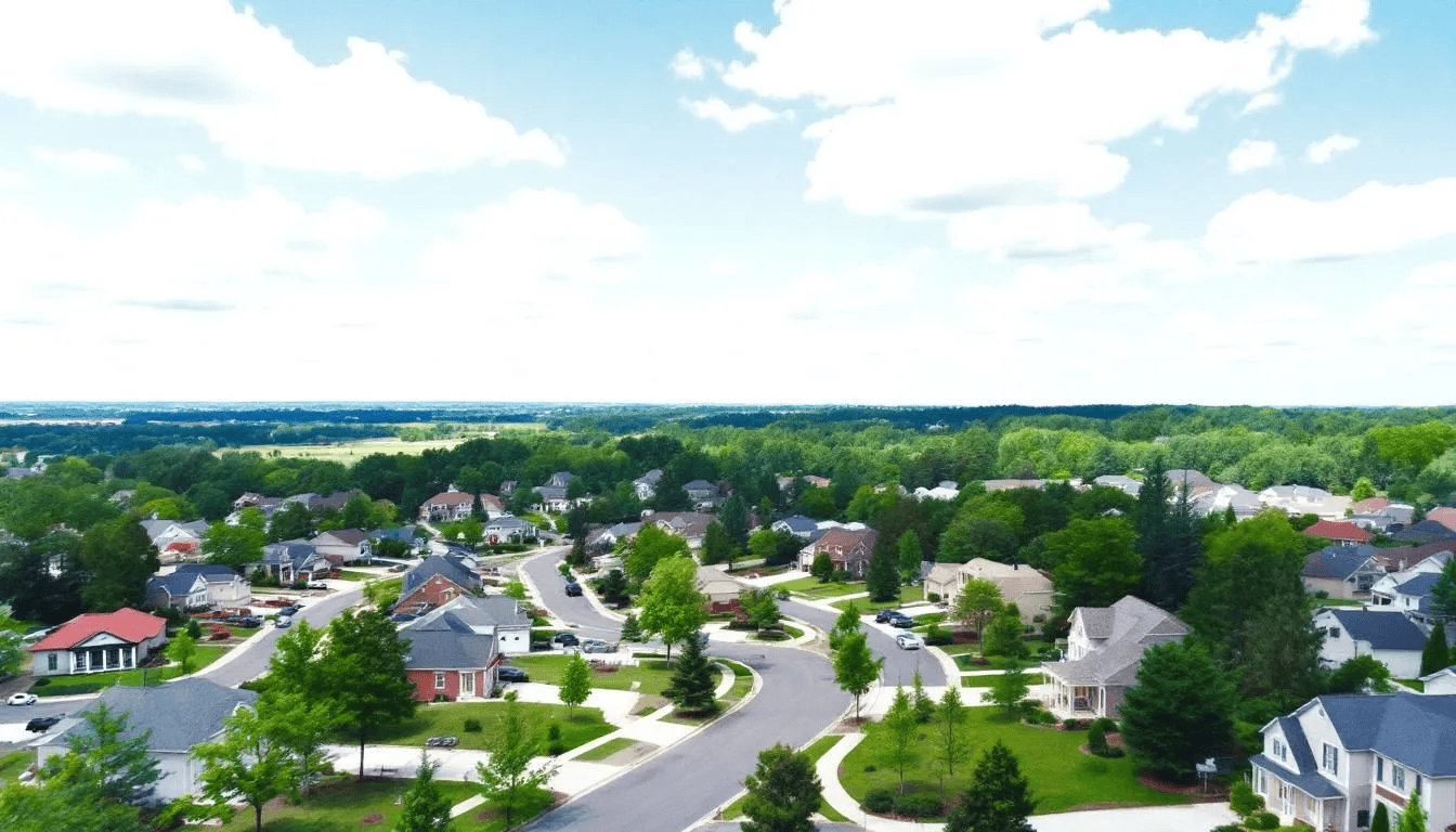 Drone footage captures a panoramic view of a neighborhood in Roswell, Georgia, showcasing residential homes, tree-lined streets, and local amenities that highlight the area's appeal for potential buyers in the real estate market. This aerial perspective provides insight into the community, essential for real estate agents and clients conducting online searches for properties.