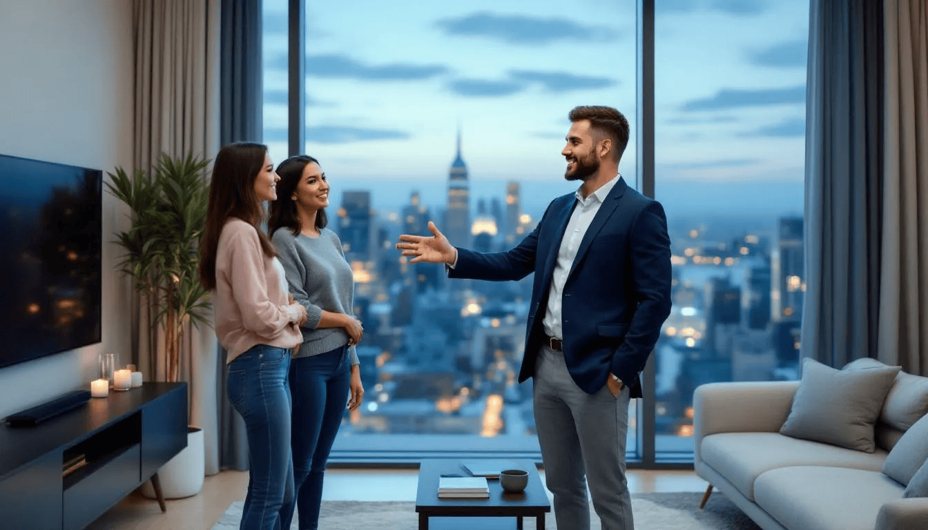 A real estate agent in business casual attire is showcasing a modern condo unit to two women, also dressed similarly, in a high-rise building. The agent gestures towards a large window that offers a stunning skyline view, while the sleek and contemporary interior is illuminated by natural light, creating a professional atmosphere for a property tour in the urban real estate market.
