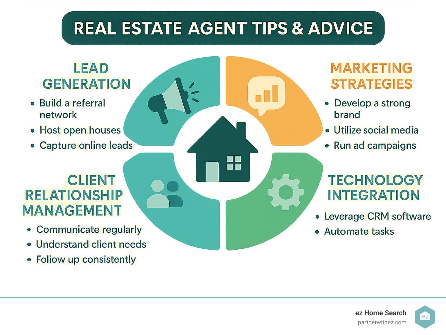 Comprehensive diagram showing the real estate agent success ecosystem including lead generation, client relationship management, marketing strategies, and technology integration with specific action items for each category - real estate agent tips and advice infographic  - real estate agent tips and advice infographic 