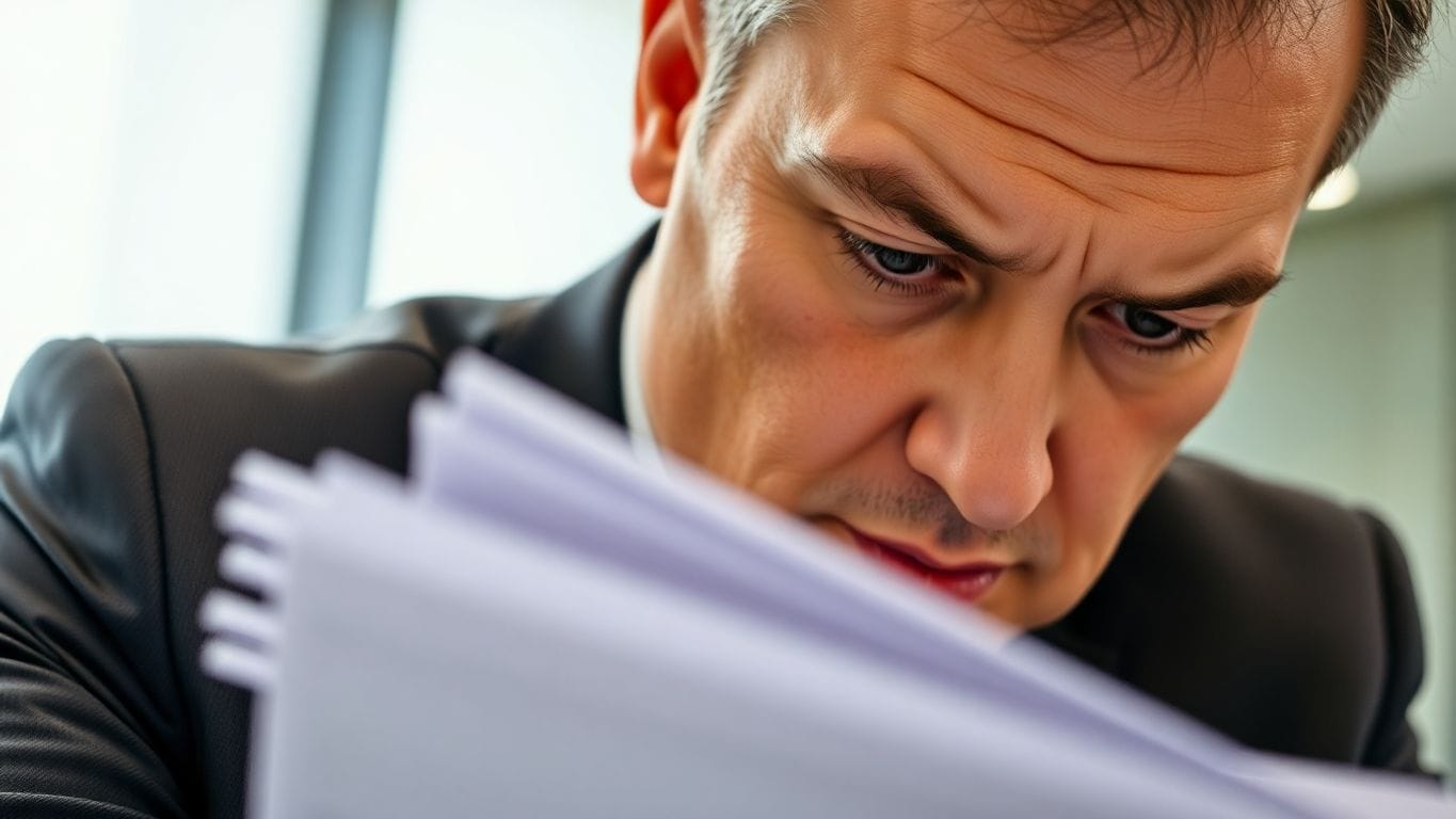 Businessman looking at compliance papers.