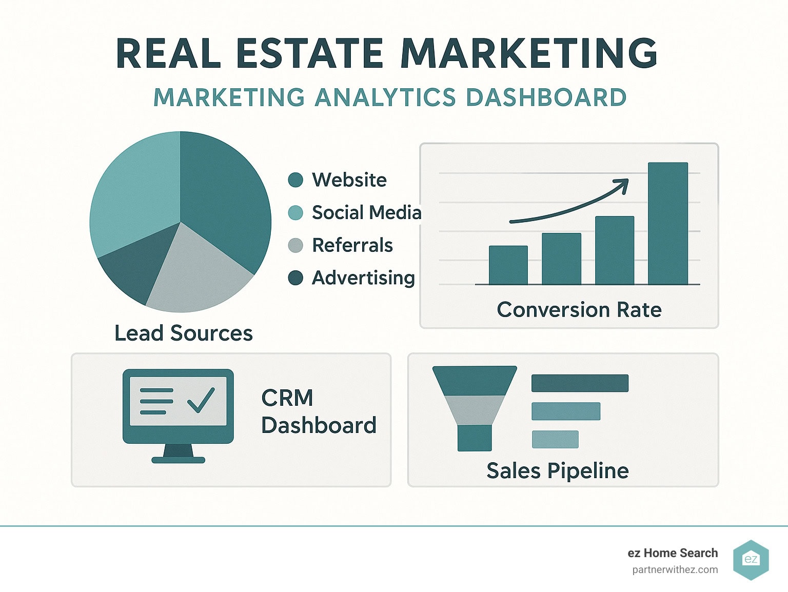 Marketing analytics dashboard showing lead sources and conversion rates - real estate marketing infographic 
