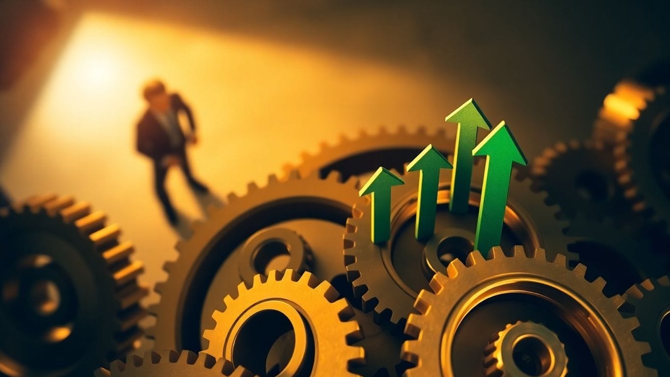 Bright light, gears, growth arrows, successful real estate agents.