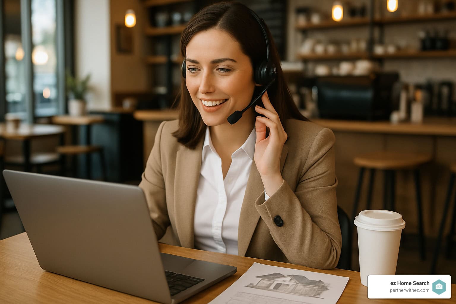 Female real estate agent, speaking into a headset while looking at a laptop at a coffee shop - real estate agent tips and advice