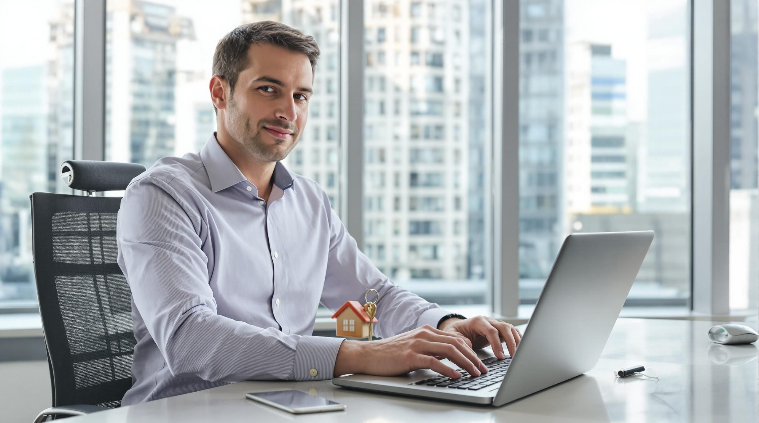 Agent with laptop, house key, cityscape.