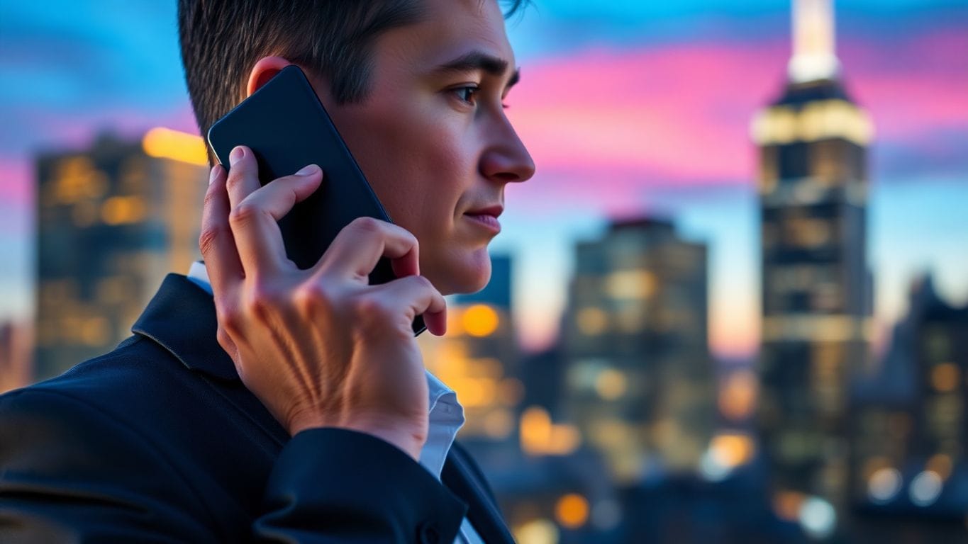 Professional agent on phone with city skyline background.