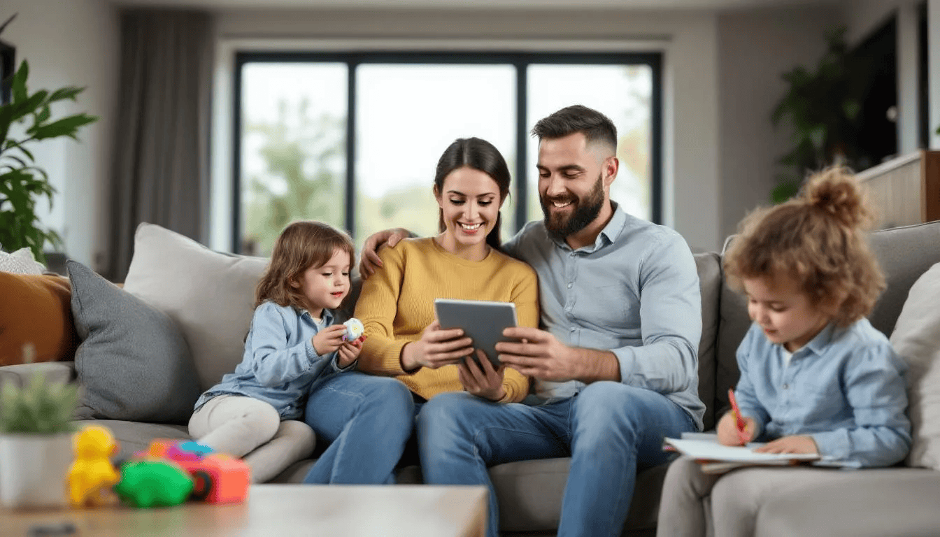 A family is seated on a couch, engaged in discussions about their next home purchase, while their two children play in the background. This scene captures the essence of the real estate business, highlighting the family's journey in the real estate market as they explore potential properties.
