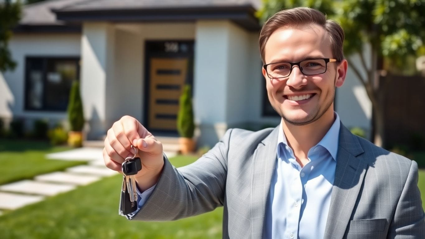 Real estate agent smiling, holding house keys.