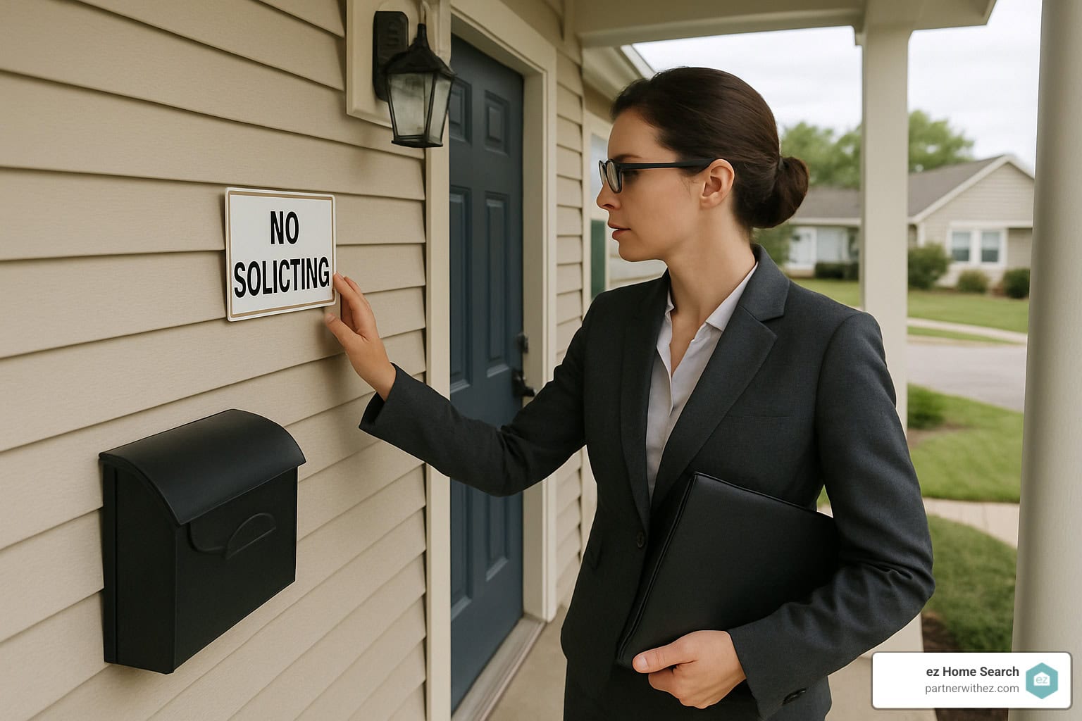 agent checking no soliciting sign - door knocking real estate
