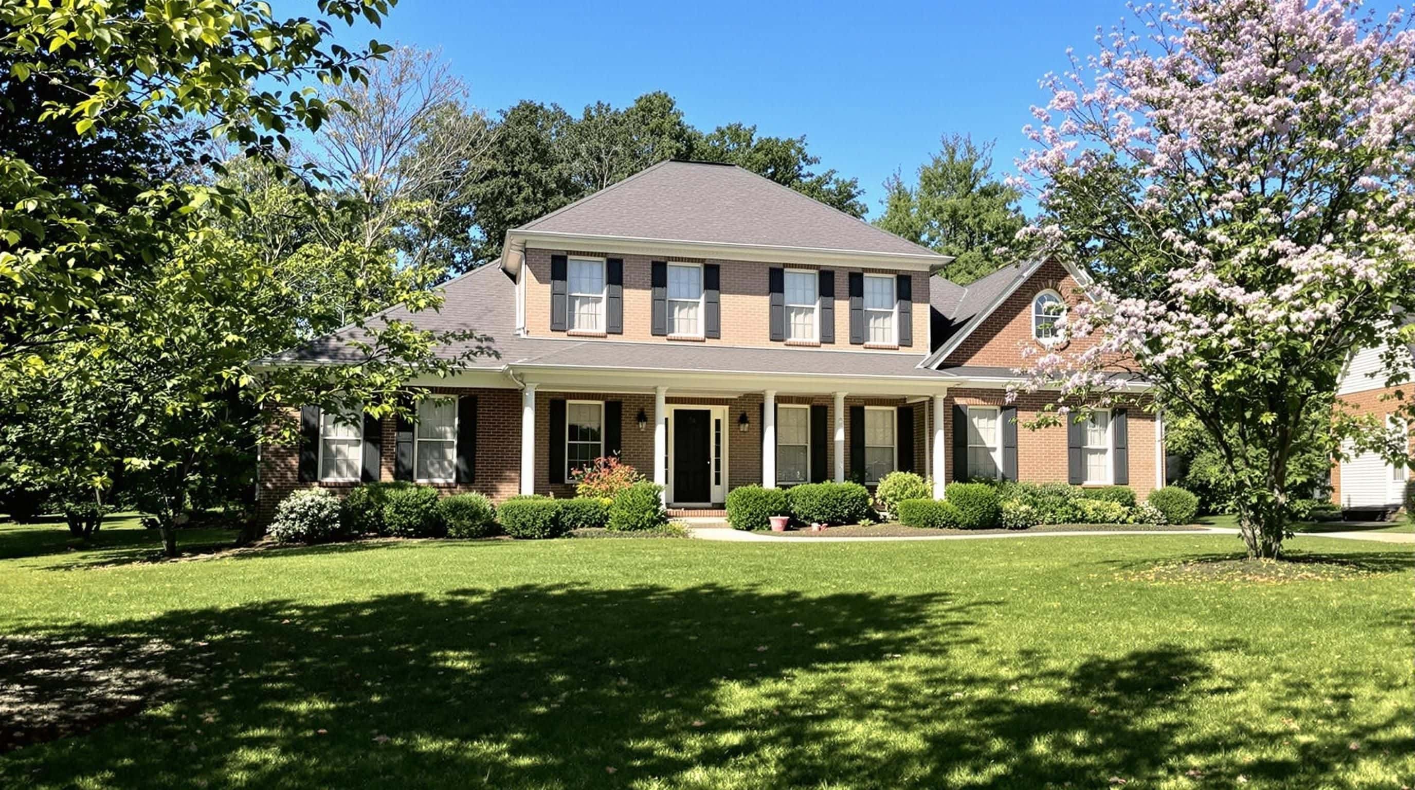 Suburban home with green lawn and trees.