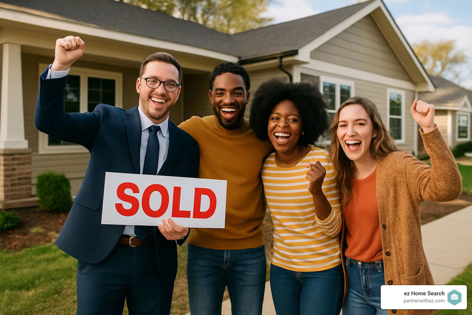 real estate agent celebrating first closing with clients - how to generate leads as a new real estate agent