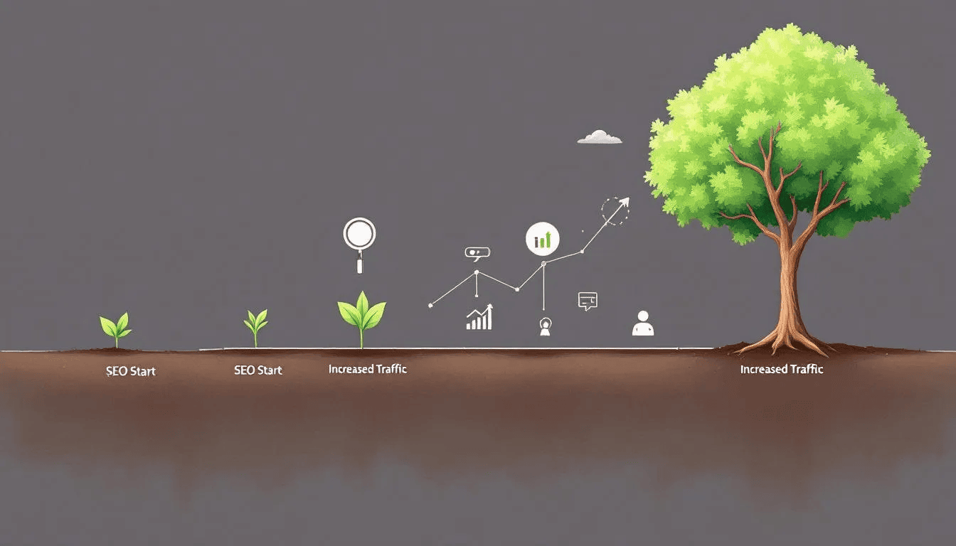 An illustrated scene depicts the long-term value of search engine optimization (SEO) through a timeline, starting with a small plant labeled “SEO Start” and growing into a flourishing tree marked “Increased Traffic.” Along the timeline, icons representing search visibility and web traffic, such as magnifying glasses and rising graph lines, emphasize the steady growth and lasting impact of effective SEO strategies for real estate professionals and their blogs.
