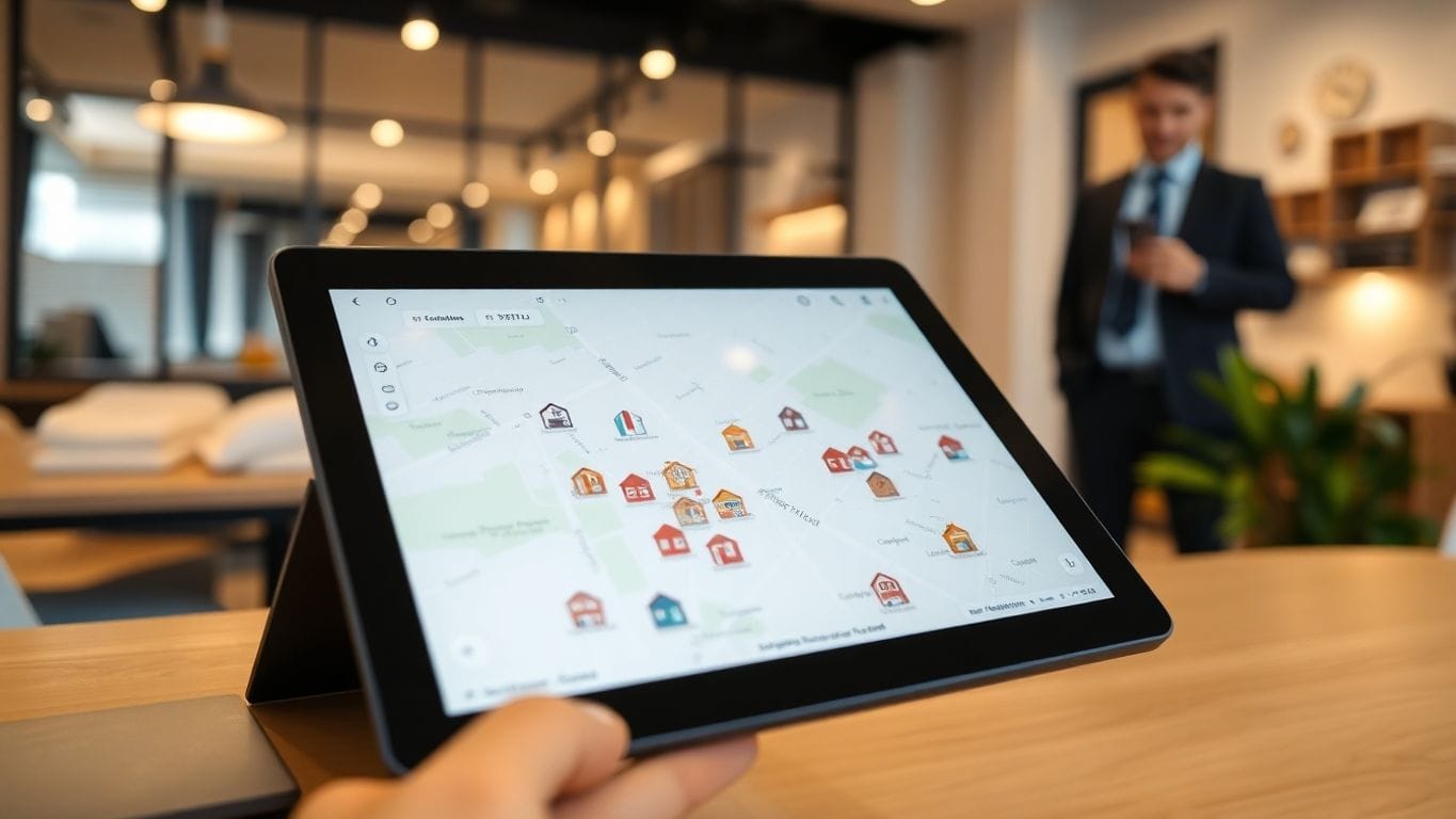 Digital map, house icons, broker in office