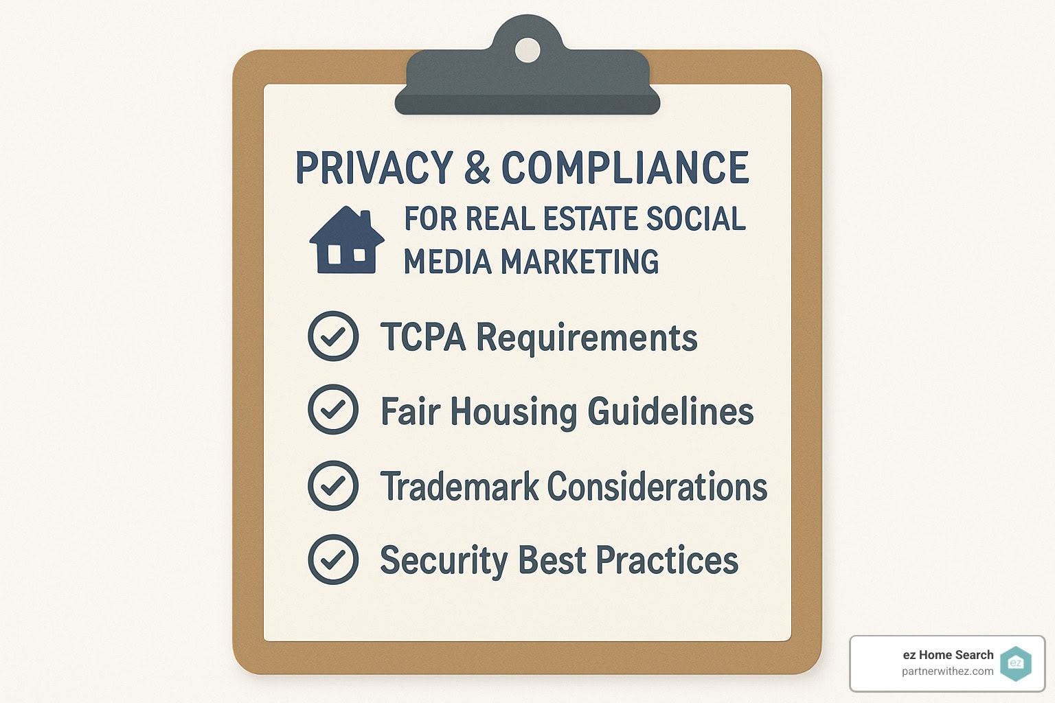 Privacy and compliance checklist for real estate social media marketing showing TCPA requirements, Fair Housing guidelines, trademark considerations, and security best practices - real estate social media marketing