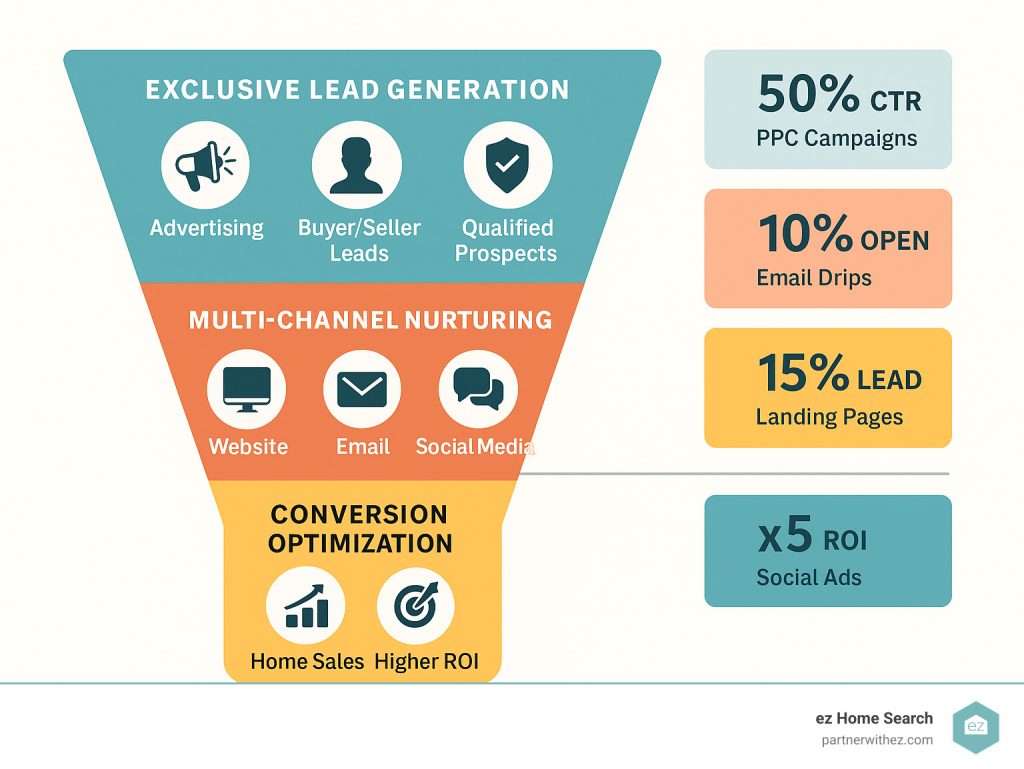 A marketing funnel diagram for real estate marketing services, illustrating lead generation, nurturing, and conversion steps, with performance metrics for PPC, email, landing pages, and social ads on the right.