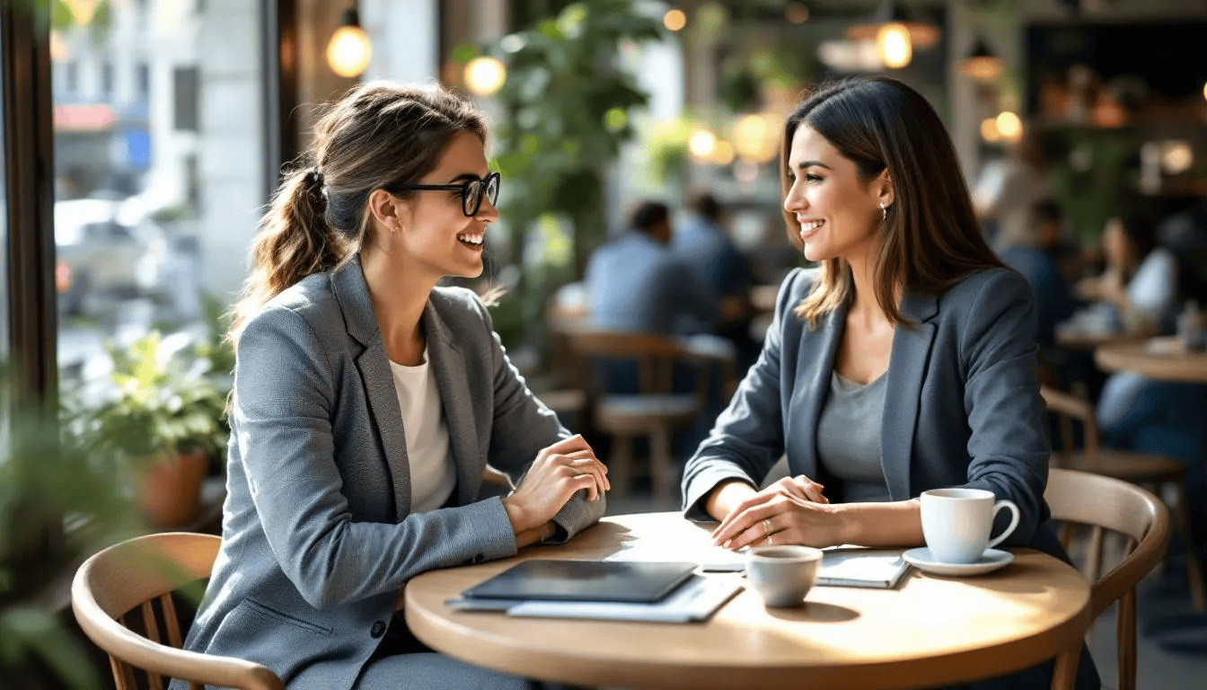 In a modern coffee shop, two professional real estate agents are engaged in a focused conversation, surrounded by a casual atmosphere. They have a laptop, notepad, and coffee cups on the table, discussing strategies to generate leads and enhance their IDX websites for potential clients in the real estate market.