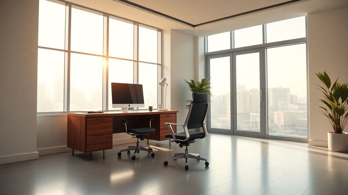 Modern office interior with natural light, sleek furniture.
