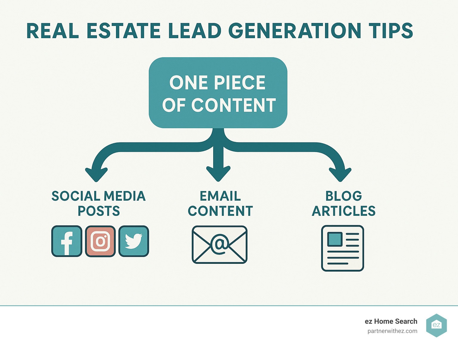 Infographic showing content repurposing strategy with one piece of content becoming multiple social media posts, email content, and blog articles - real estate lead generation tips infographic Infographic showing content repurposing strategy with one piece of content becoming multiple social media posts, email content, and blog articles - real estate lead generation tips infographic