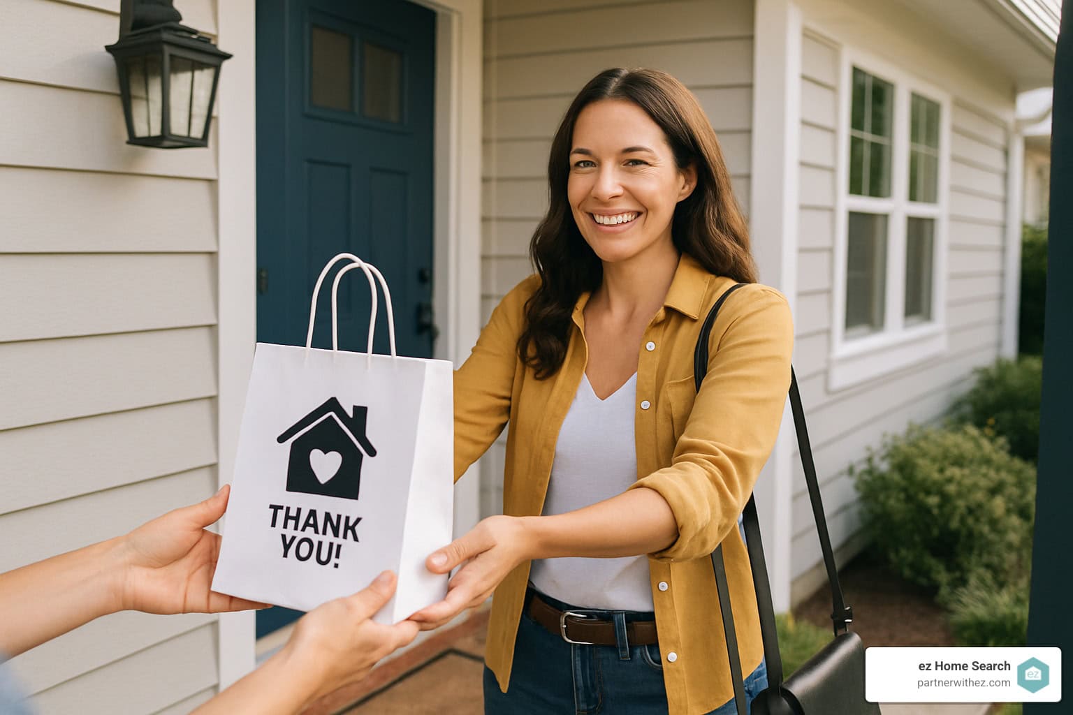 Real estate agent delivering personalized gifts at doorstep - pop-by gifts real estate