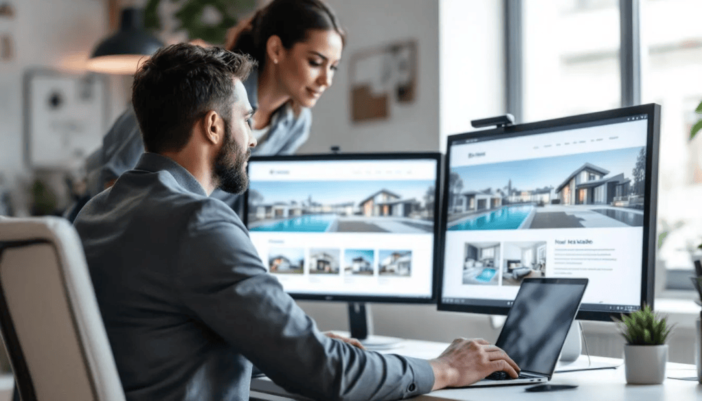 Two people in business attire work at a desk with dual monitors displaying real estate websites, while one uses a laptop.