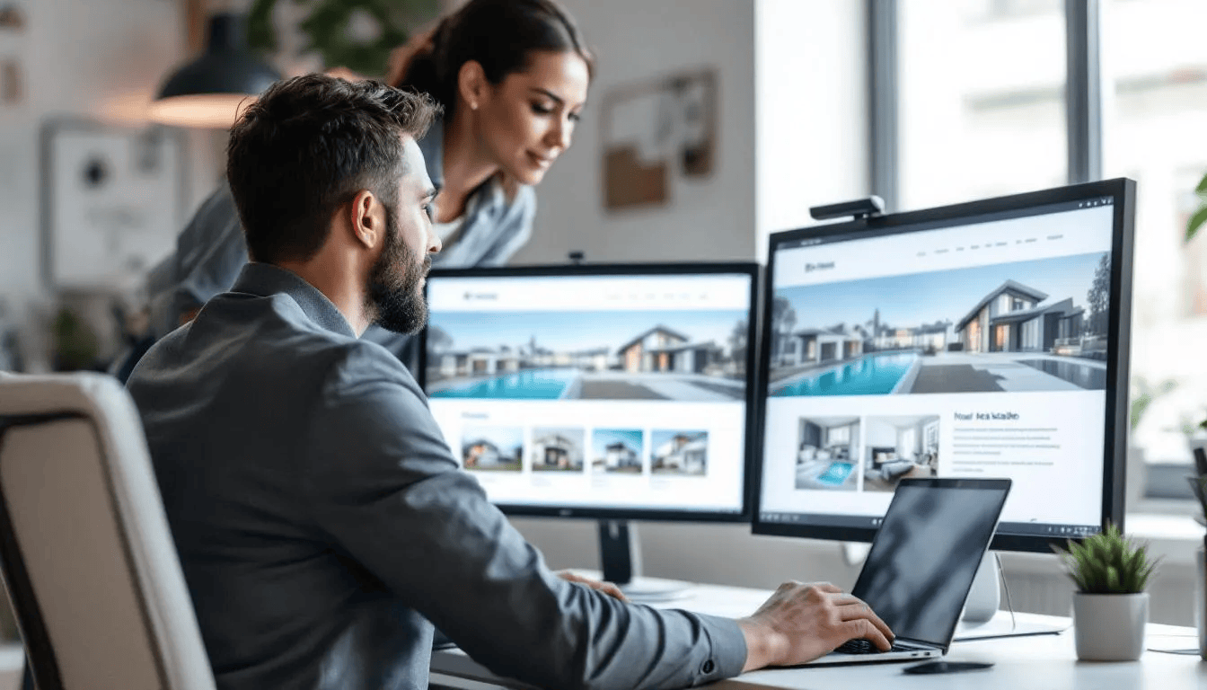 In a collaborative workspace, a real estate agent in business casual attire observes a website designer at a desk, who is focused on creating a modern real estate website on a laptop and dual monitors. The screens showcase a clean layout featuring property images, highlighting the agent's engagement in the real estate business and the importance of effective online presence for real estate agents.