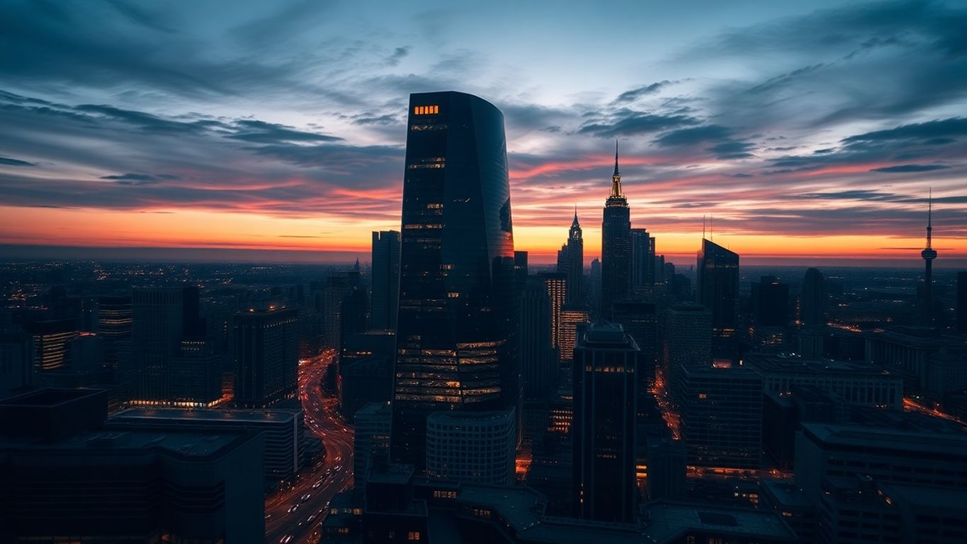 City skyline, digital marketing, data analysis.
