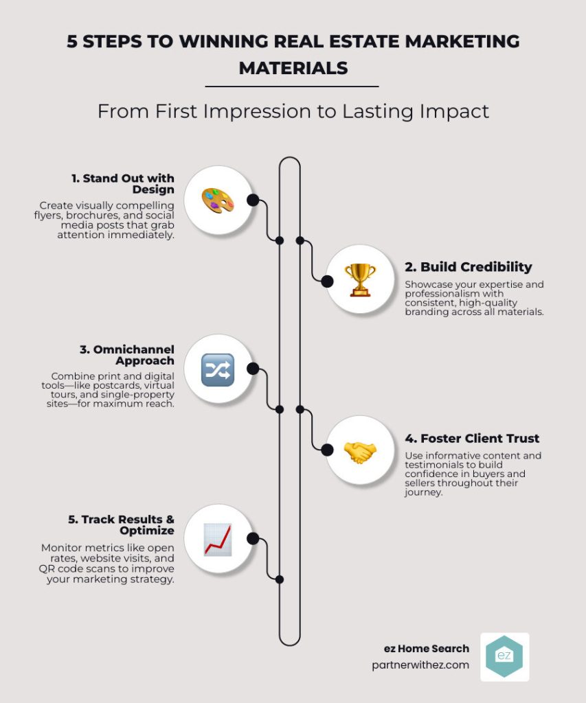 Infographic titled "5 Steps to Winning Real Estate Marketing Materials," outlining tips: Stand Out with Design, Build Credibility, Omnichannel Approach, Foster Client Trust, Track Results & Optimize.