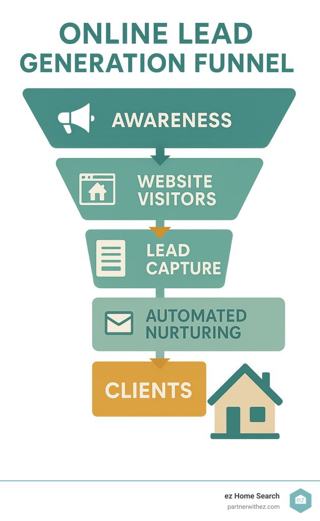 Infographic of an online lead generation real estate funnel showing stages: awareness, website visitors, lead capture, automated nurturing, and clients, each illustrated with corresponding icons.