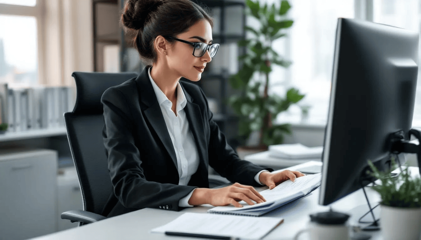 A female real estate agent is seated at her desk, focused on writing a newsletter for her clients, with two monitors displaying information related to the real estate industry and SEO strategies. The workspace reflects her commitment to optimizing her real estate website for better search engine rankings and lead generation.