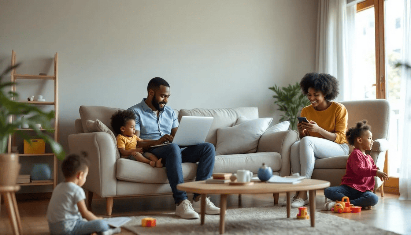 A family of four sits in a living room; two adults use a laptop and phone on the couch while two young children play on the floor with toys and books.