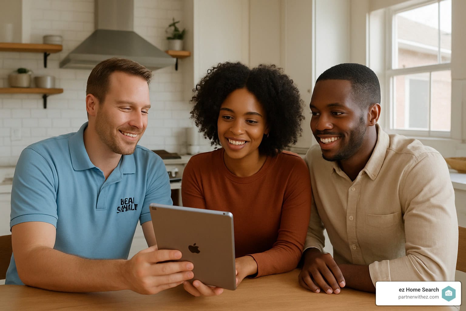 Caucasian real estate agent wearing a light blue polo shirt sitting at a kitchen table with a black couple that are looking at an iPad - real estate agent tips and advice