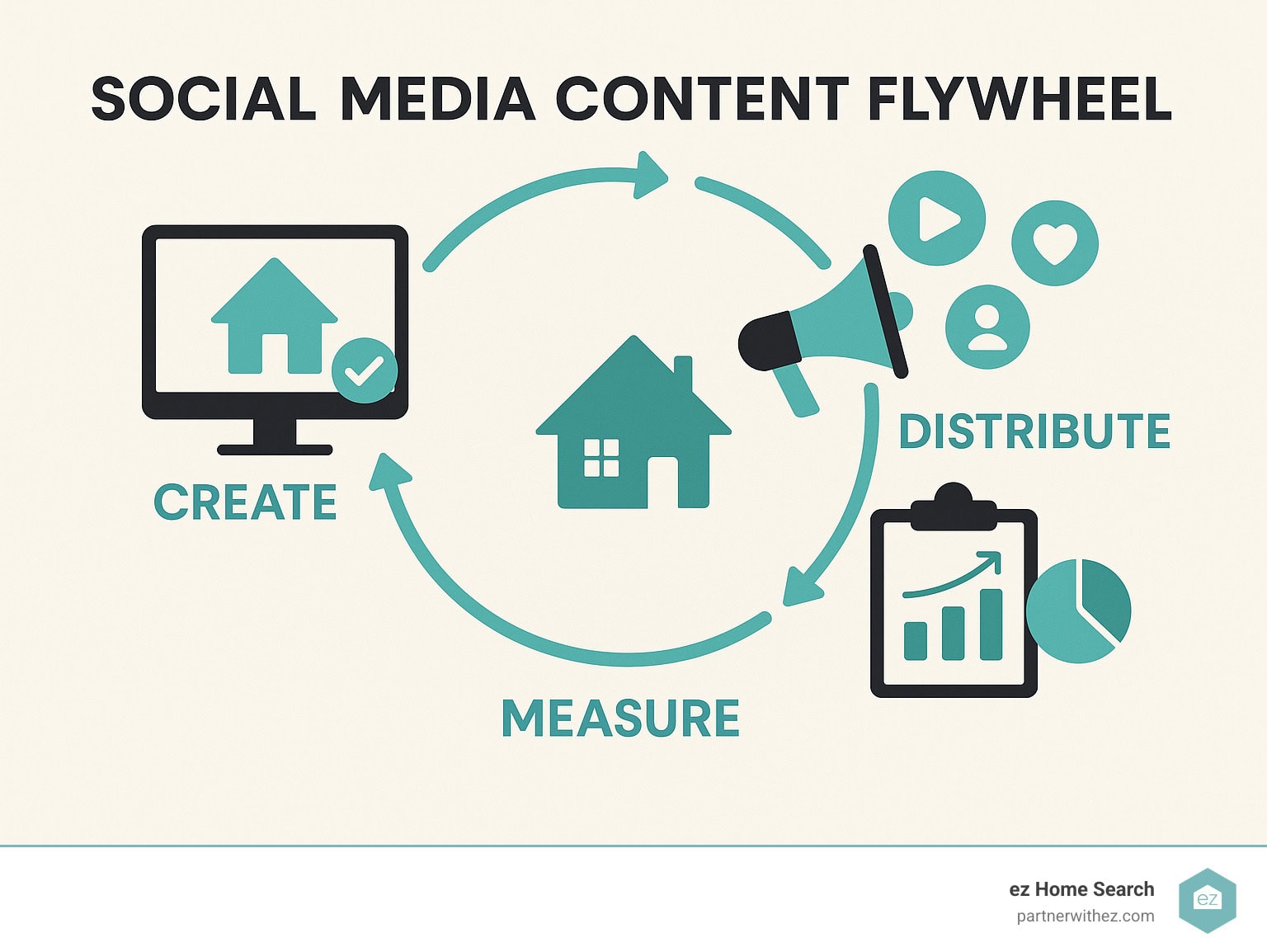 Social media content flywheel showing how to create, distribute, and measure real estate content across platforms for maximum reach and engagement - unique real estate marketing ideas infographic  - unique real estate marketing ideas infographic 