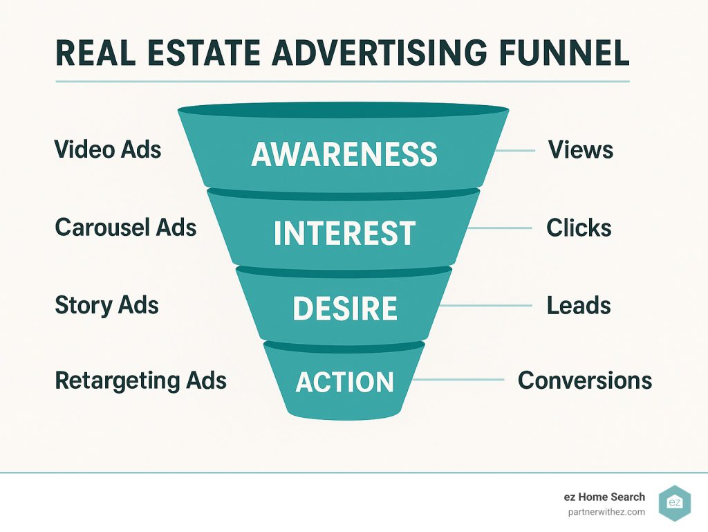 A real estate advertising funnel diagram shows four stages: Awareness (views), Interest (clicks), Desire (leads), and Action (conversions), with ad types listed for each stage.