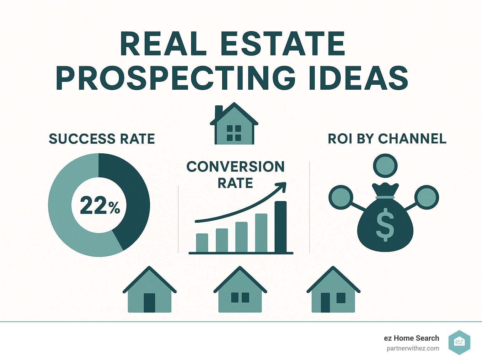 Statistical breakdown of prospecting success rates, conversion metrics, and ROI across different channels - real estate prospecting ideas infographic 
