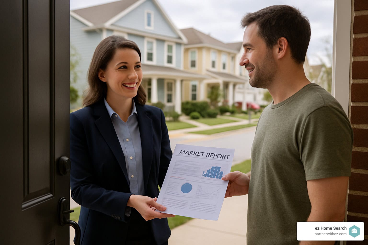agent sharing market report with homeowner at door - door knocking real estate
